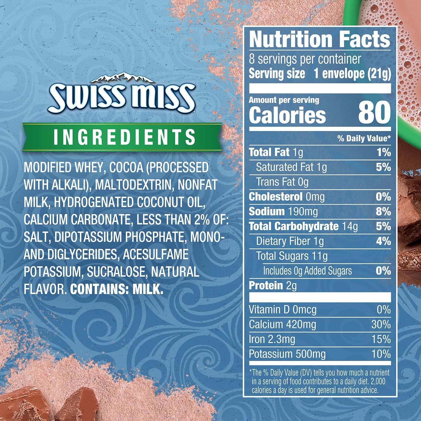 Swiss Miss Milk Chocolate Flavored No Sugar Added Hot Cocoa Mix, Hot Cocoa Bar Supplies, Powder, 0.73 oz., 8-Count Envelopes (12 Boxes)