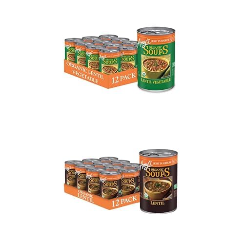 Amy’s Vegan Soup Bundle, Light in Sodium: Lentil Vegetable & Organic Lentil, Gluten Free, 14.5 oz Cans (12 Each, 24 Pack Total)