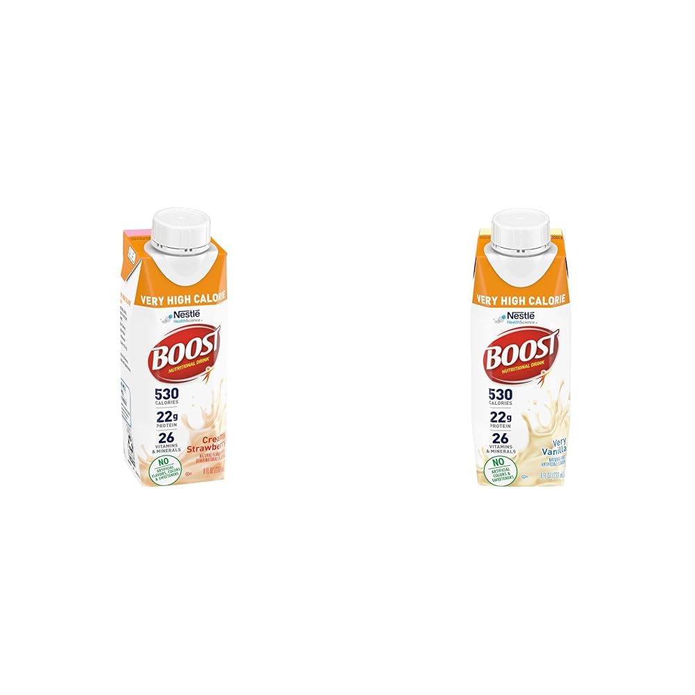 Boost Very High Calorie Strawberry and Vanilla Nutritional Drinks with 22g Protein, 530 Calories, 8 Fl Oz (Packs of 24)