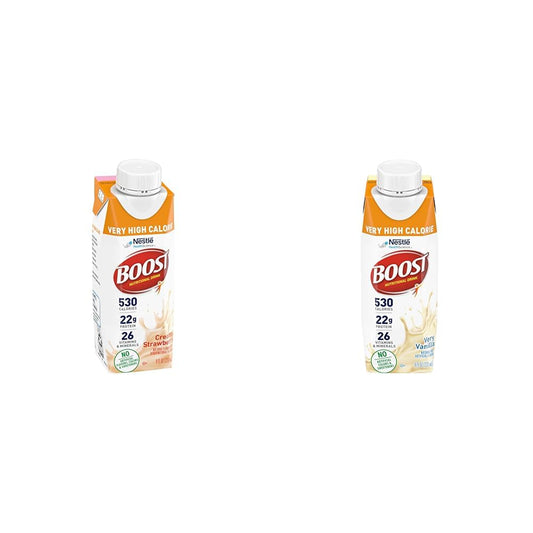 Boost Very High Calorie Strawberry and Vanilla Nutritional Drinks with 22g Protein, 530 Calories, 8 Fl Oz (Packs of 24)