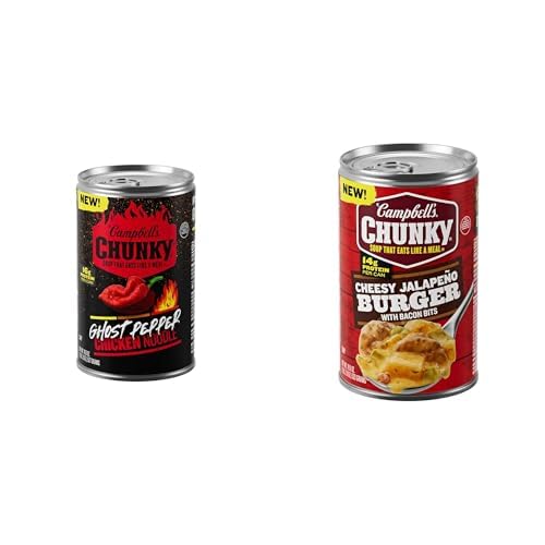 Campbells Chunky Soup Stocking Stuffer Bundle, Ghost Pepper Chicken Noodle Soup, 18.6 oz Can + Campbell’s Chunky Soup, Cheesy Jalapeño Burger with Bacon Bits, 18.8 oz Can