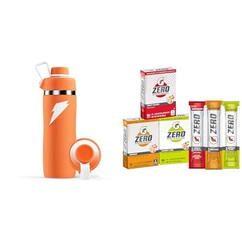 Bundle of Gatorade 'Overtime' 22oz Stainless Steel Water Bottle, Twist Cap, Orange + Gatorade G Zero Powder, 3 Flavor Classic Variety Pack, Individual Packets, 10 Count (Pack of 3)