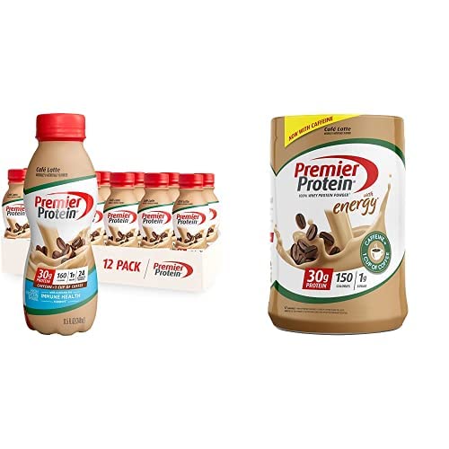 Premier Protein Café Latte Protein Shake, 30g Protein, 1g Sugar, 24 Vitamins & Minerals + Premier Proitein Café Latte, 100% Whey Protein Powder, 30g Protein, 1g Sugar, 17 servings