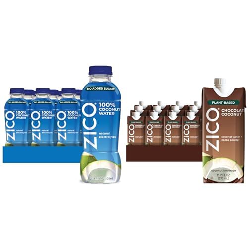 Zico 100% Coconut Water 16.9 Fl Oz & Chocolate Coconut Water 11.2 Fl Oz - Natural, Dairy-free & Plant-based Hydration, Pack of 12 Each