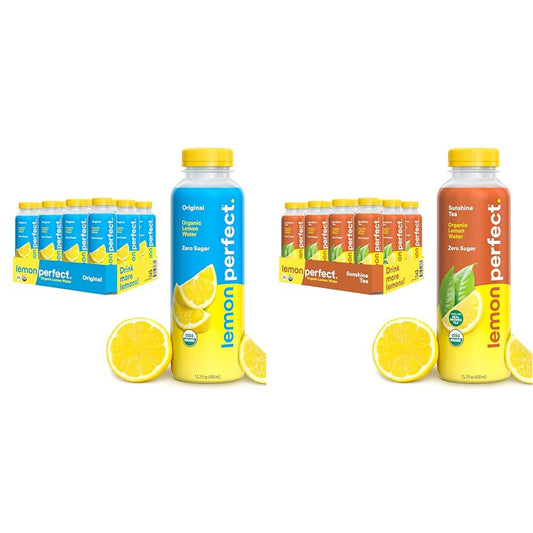 Lemon Perfect Original & Sunshine Tea Bundle, Hydrating Flavored Lemon Water, Zero Sugar, Healthy Hydration Drinks, Organic, 15.2oz Bottles (12-Pack)