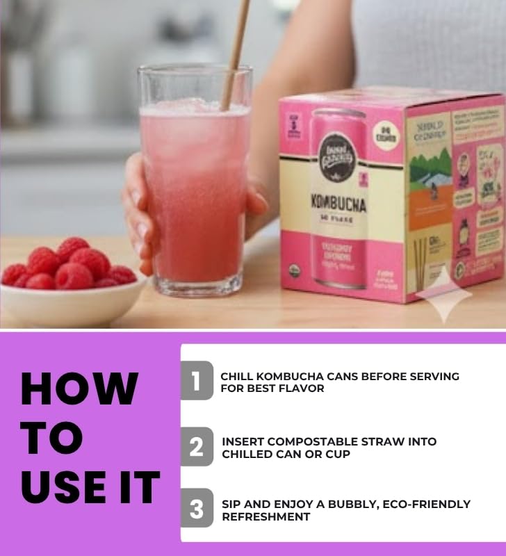 Kombucha Raspberry Lemonade 4-Pack Original 48 fl oz Bundle with Paper Straw 50-Pack — Refreshing Low-Calorie Gut Health Drink with Bubbly Berry Citrus Flavor — Gift Set (2 Items)