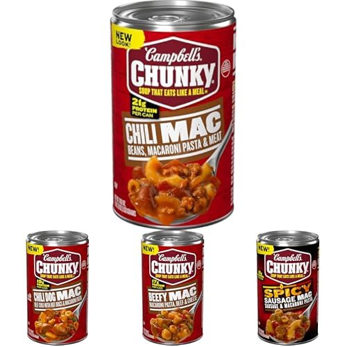 Campbell's Chunky Mac Soup Variety Pack - Chili Mac, Chili Dog Mac, Beefy Mac, and Spicy Sausage Mac (18.8 oz Cans)
