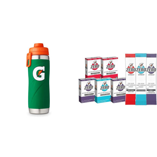 Gatorade 26oz Stainless Steel Bottle, Green+Gatorade G Zero Powder, Fruit Punch Variety Pack, 0.10oz Packets (50 Pack)