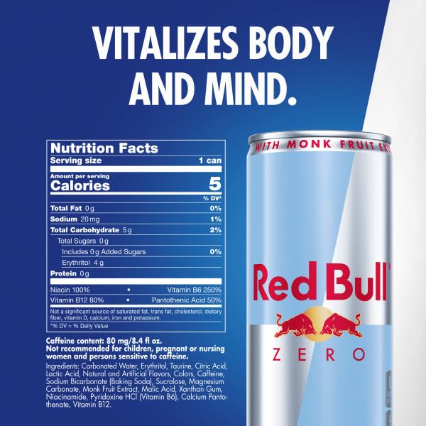 Red Bull Zero Energy Drink, 8.4 fl. oz., with 80mg Caffeine, Taurine & B Vitamins, Pack of 8 cans
