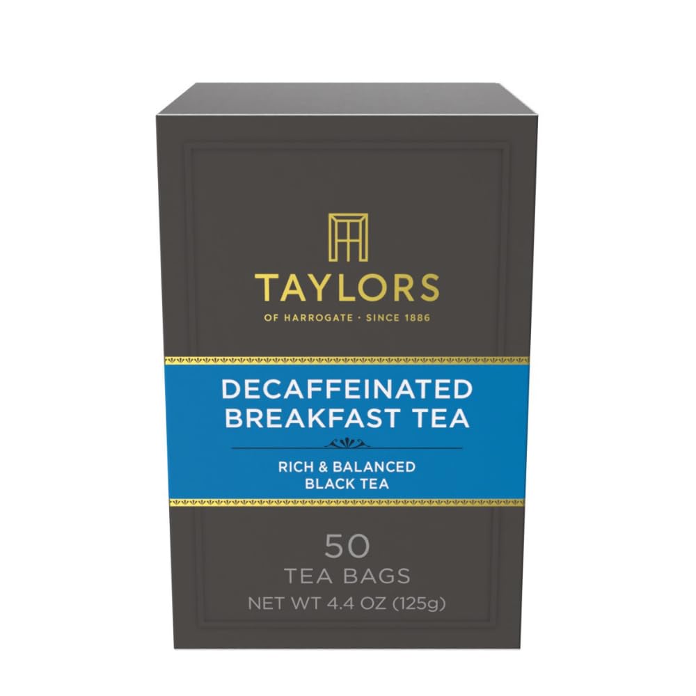 Taylors of Harrogate Decaffeinated Breakfast, Black Tea, Pillow Bags, 50 Count, (Pack of 1) Rich, Bright & Balanced, Decaffeinated, Enjoy Hot or Iced, 50 Teabags