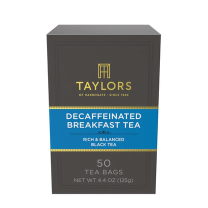 Taylors of Harrogate Decaffeinated Breakfast, Black Tea, Pillow Bags, 50 Count, (Pack of 1) Rich, Bright & Balanced, Decaffeinated, Enjoy Hot or Iced, 50 Teabags