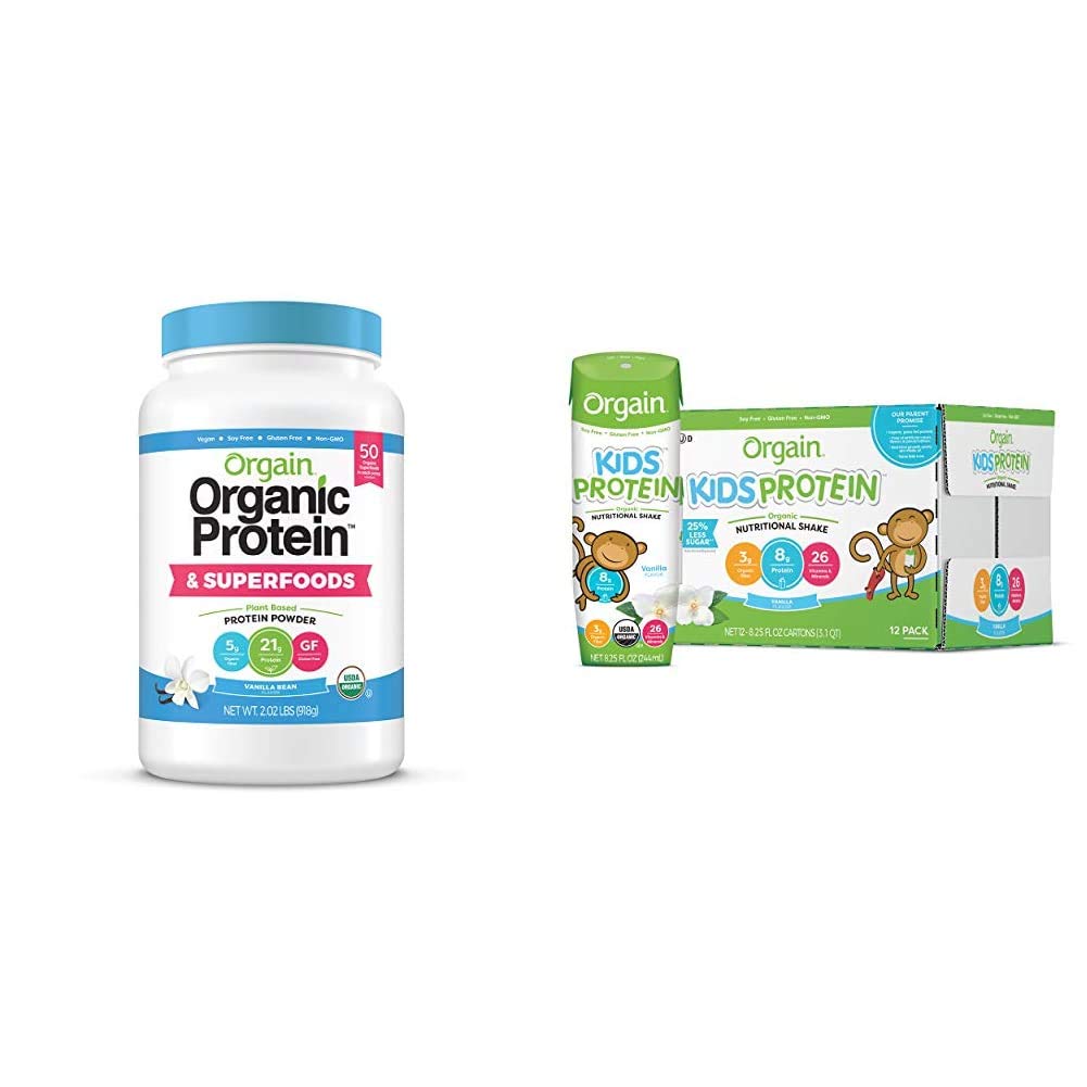 Orgain Organic Protein + Superfoods Powder, Vanilla Bean (2.02lb) and Orgain Organic Kids Nutritional Protein Shake, Vanilla (Pack of 12)