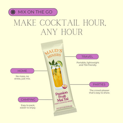 Maud's Mixers Passion Fruit Mai Tai Cocktail Mix, 14 ct, Mocktail Non-Alcoholic Drinks - Made with Real Fruit and Agave - Low Calorie, Low Sugar, Easy to Mix