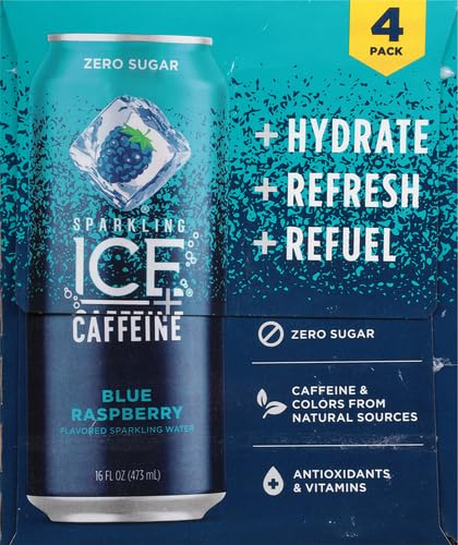 Sparkling Ice Caffeine, Blue Raspberry Sparkling Water with Caffeine, Zero Sugar, with Antioxidants and Vitamins,4/16oz