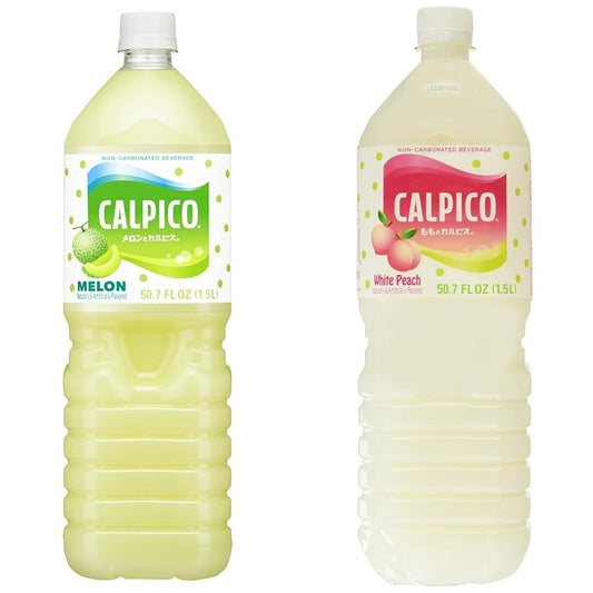 Calpico Japanese Beverage Bundle - Water Melon Flavor (50.7 FZ) and White Peach Soft Drink (50.7 fz), Pack of 2