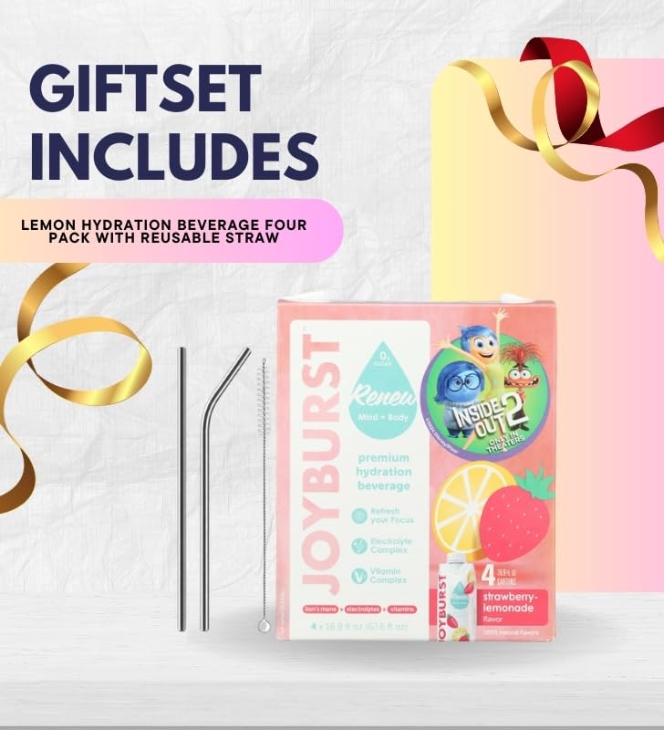 Strawberry Lemon Hydration Drink 67.6FO — Bundle with Reusable Straw — Hyburst Beverage with Vitamins & Lion’s Mane for Refreshing Hydration Gift Set (2 Items)