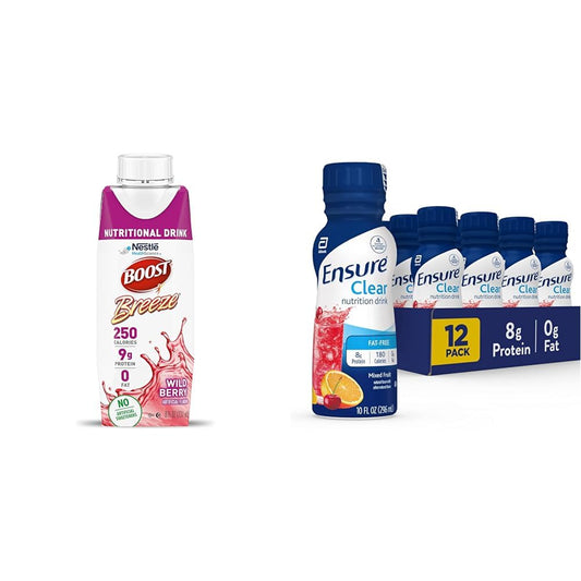 BOOST Breeze Clear Nutritional Drink, 9g Protein, 250 Nutrient-Rich Calories, Wild Berry, 8 fl oz & Ensure Clear Nutrition Liquid Drink, 0g fat, 8g of protein, Mixed Fruit, 10 Fl Oz (Pack of 12)