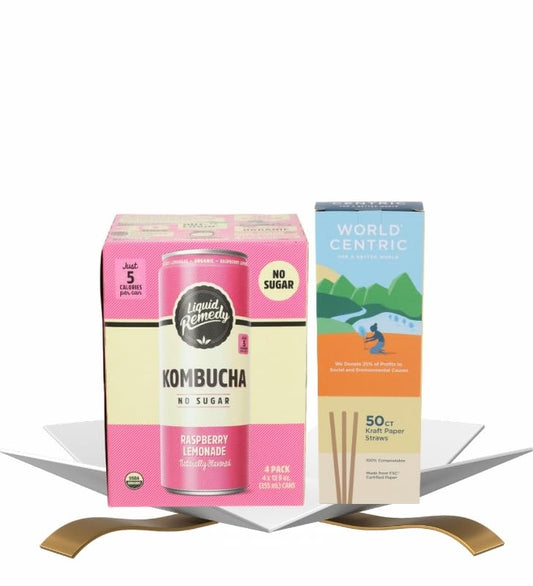 Kombucha Raspberry Lemonade 4-Pack Original 48 fl oz Bundle with Paper Straw 50-Pack — Refreshing Low-Calorie Gut Health Drink with Bubbly Berry Citrus Flavor — Gift Set (2 Items)