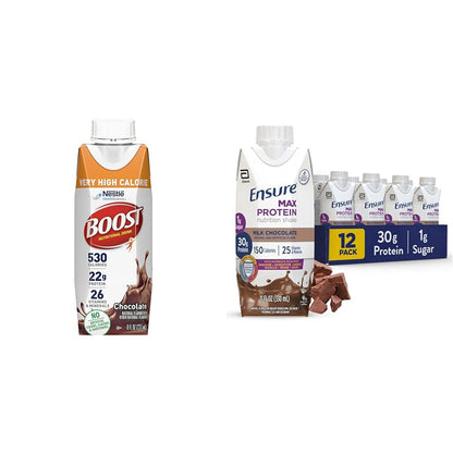 Boost Very High Calorie Chocolate Nutritional Drink 530 Calorie (Pack of 24) and Ensure Max Protein Milk Chocolate Nutrition Shake 30g Protein (Pack of 12)