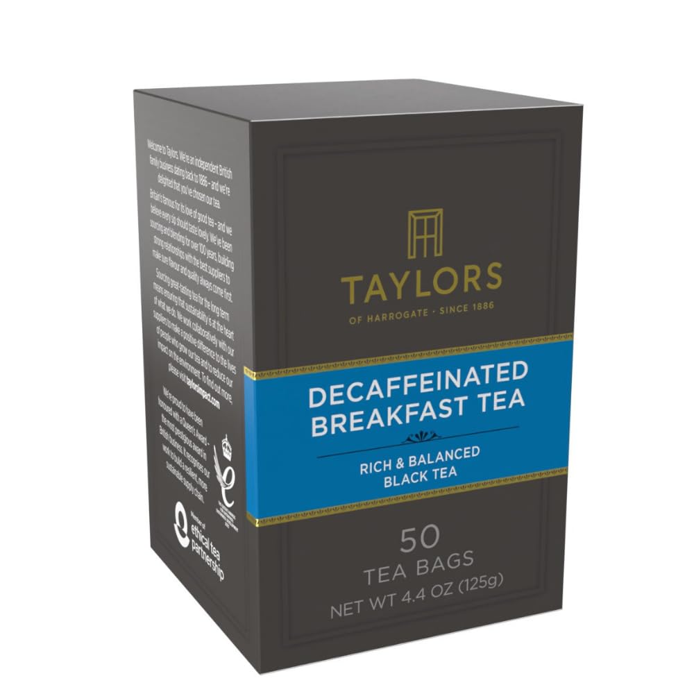 Taylors of Harrogate Decaffeinated Breakfast, Black Tea, Pillow Bags, 50 Count, (Pack of 1) Rich, Bright & Balanced, Decaffeinated, Enjoy Hot or Iced, 50 Teabags