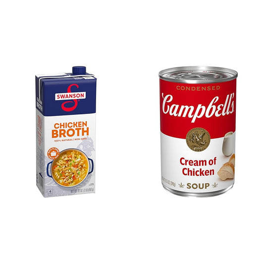 Campbells Recipe Bundle 4 pack: (2) Campbells Condensed Cream of Chicken Soup 10.5 oz, (2) Swanson 100% Natural Chicken Broth 32 oz