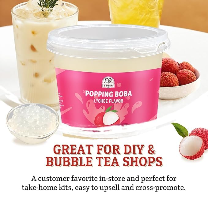 52USA 7.05 Pound Lychee Popping Boba (3.2kg), Bursting Boba, Popping Pearls for Bubble Tea, Beverages, Ice Cream, Shakes, Smoothies & Summer Drinks Toppings, Yogurt, Desserts