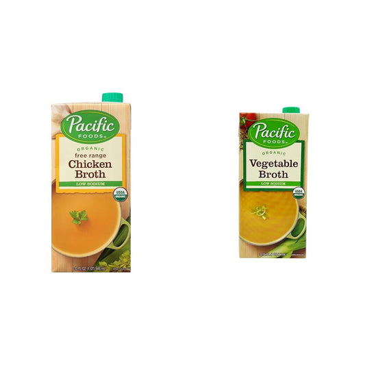Pacific Foods Organic Low Sodium Broth 4 pack Bundle: (2) Pacific Foods Organic Free Range Low Sodium Chicken Broth 32 oz, (2) Pacific Foods Organic Low Sodium Vegetable Broth 32 oz