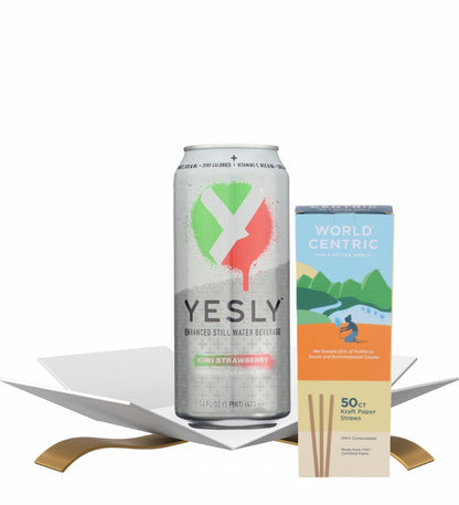 Functional Kiwi Water 16 fl oz Bundle with 50x Paper Straws — Flavored Water Vitamin C & B Complex Enhanced Hydrating Drink — Gift Set (2 Items)