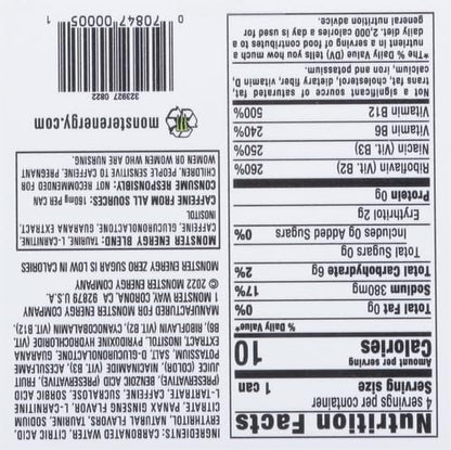 Monster Energy Zero Sugar, Low Calorie Energy Drink, 16 Ounce, 4 Pack