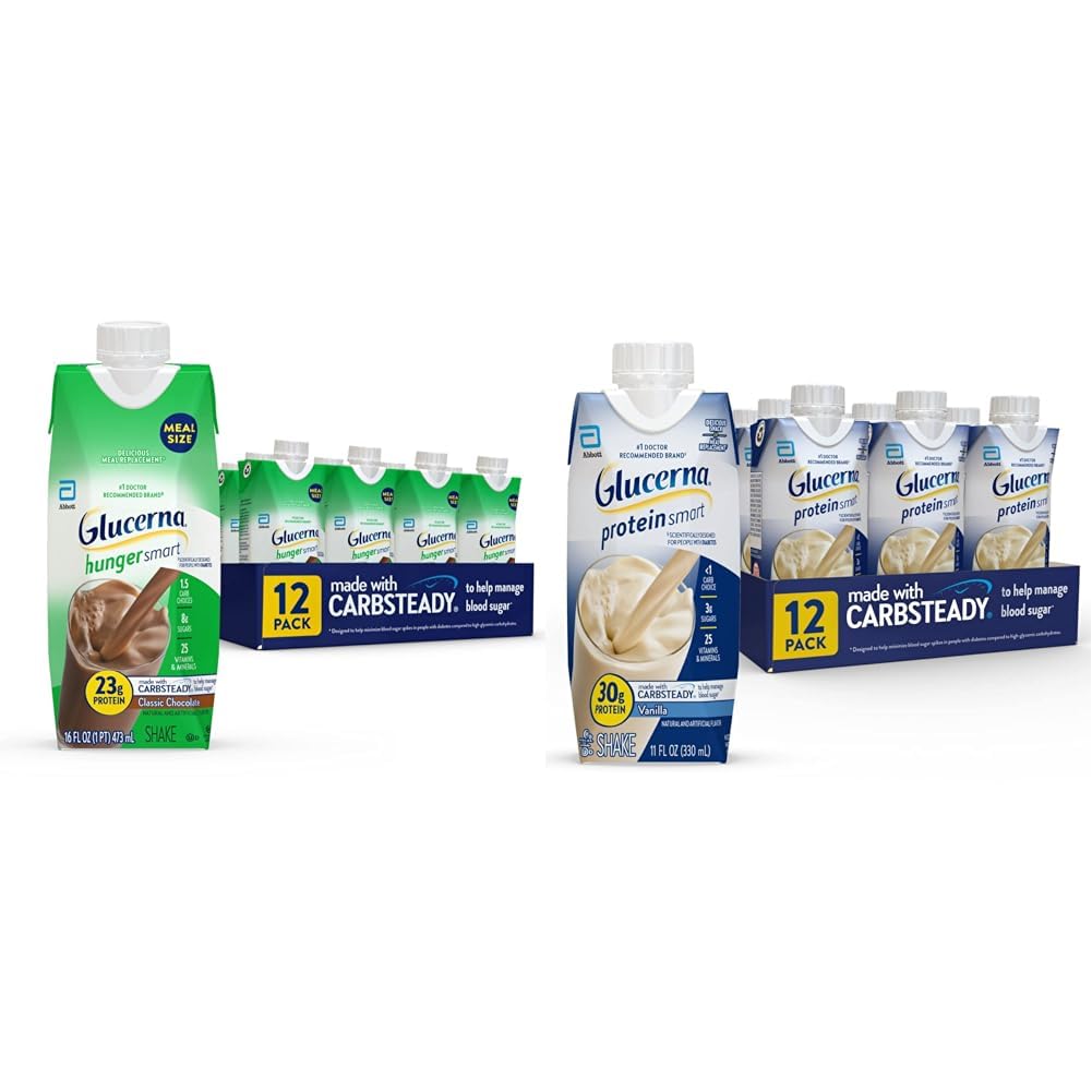 Glucerna Diabetic Nutrition Shakes Bundle - Hunger Smart 23g Protein 250 Calorie Chocolate 16oz 12 Count & 30g Protein Vanilla 12 Count