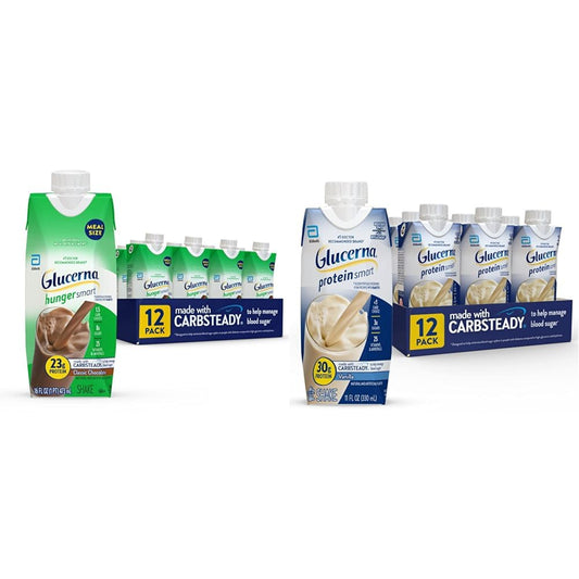 Glucerna Diabetic Nutrition Shakes Bundle - Hunger Smart 23g Protein 250 Calorie Chocolate 16oz 12 Count & 30g Protein Vanilla 12 Count