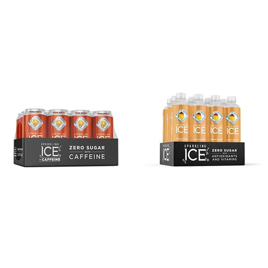 Sparkling Ice +Caffeine Tropical Punch Sparkling Water with Caffeine, Zero Sugar, with Antioxidants and Vitamins, 16 fl oz Cans (Pack of 12) and Sparkling Ice, Orange Mango Sparkling Water, Zero Sugar Flavored Water, with Vitamins and Antioxidants...