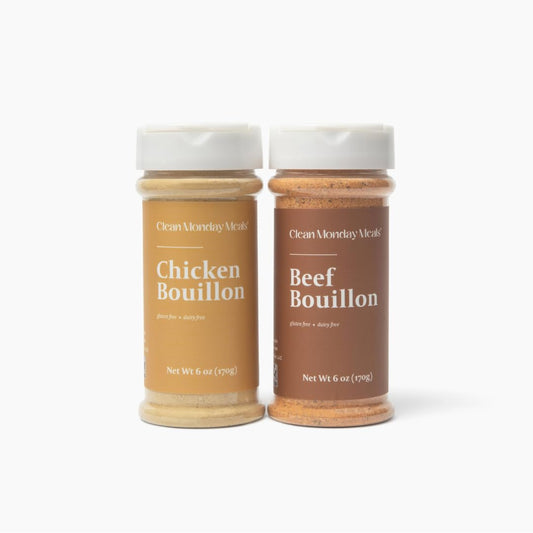 Clean Monday Meals Chicken & Beef Bouillon Powder | Gluten Free, Dairy Free, No Artificial Flavors or Additives | Real Chicken & Beef Stock Base for Soups, Stews & Sauces | Two-Pack, 100 Servings Each