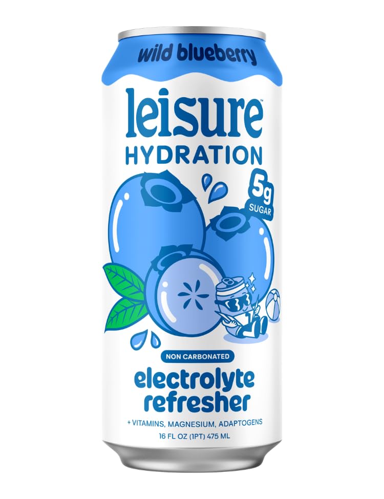 Leisure Hydration Non-Carbonated Electrolyte Refresher, Wild Blueberry Flavor - Low Sugar Nutrient Enhanced Water Beverage - Get The Best Hydration Packed w/ Magnesium & Ashwagandha For Mood & Stress Support, Non-GMO, 16 oz (12-Cans)