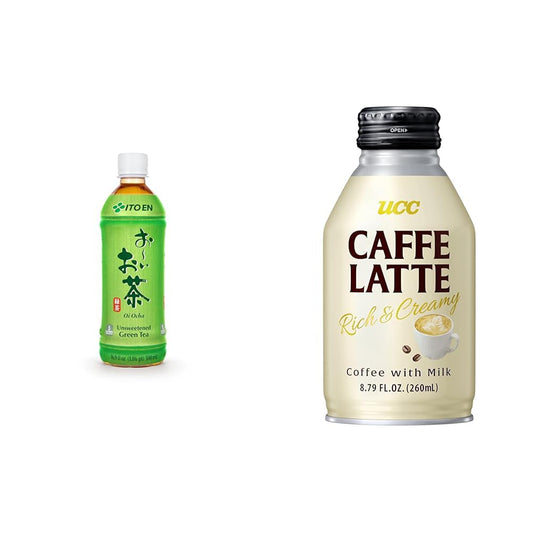 Ito En Tea Oi Ocha Unsweetened Green Tea 16.9 oz (12-Pack) & UCC Ready to Drink Caffe Latte 8.79 FL OZ (24-Pack) Japanese Beverage Bundle