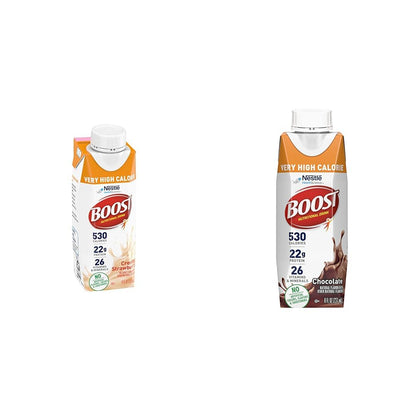 Boost Very High Calorie Strawberry Nutritional Drink – 22g Protein & Very High Calorie Chocolate Nutritional Drink – 22g Protein, 530 Nutrient Rich Calories, 8 Fl Oz (Pack of 24)