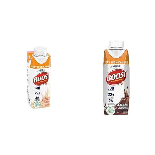 Boost Very High Calorie Strawberry Nutritional Drink – 22g Protein & Very High Calorie Chocolate Nutritional Drink – 22g Protein, 530 Nutrient Rich Calories, 8 Fl Oz (Pack of 24)