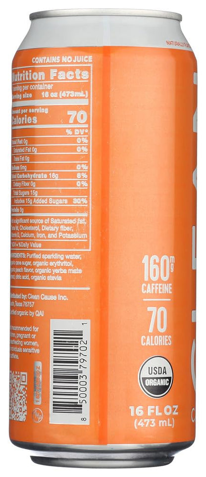 Clean Cause Yerba Mate Energy Drink, Peach, 16 oz