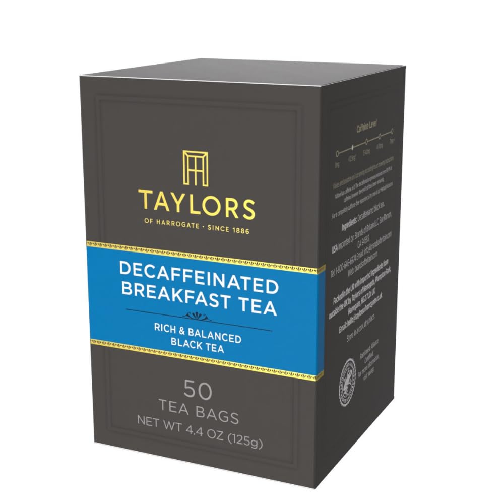 Taylors of Harrogate Decaffeinated Breakfast, Black Tea, Pillow Bags, 50 Count, (Pack of 1) Rich, Bright & Balanced, Decaffeinated, Enjoy Hot or Iced, 50 Teabags