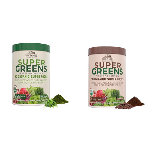 COUNTRY FARMS Super Greens Drink Mix Bundle - Natural & Chocolate Flavors, 50 Organic Superfoods, 20 Servings Each