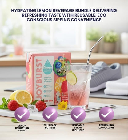 Strawberry Lemon Hydration Drink 67.6FO — Bundle with Reusable Straw — Hyburst Beverage with Vitamins & Lion’s Mane for Refreshing Hydration Gift Set (2 Items)