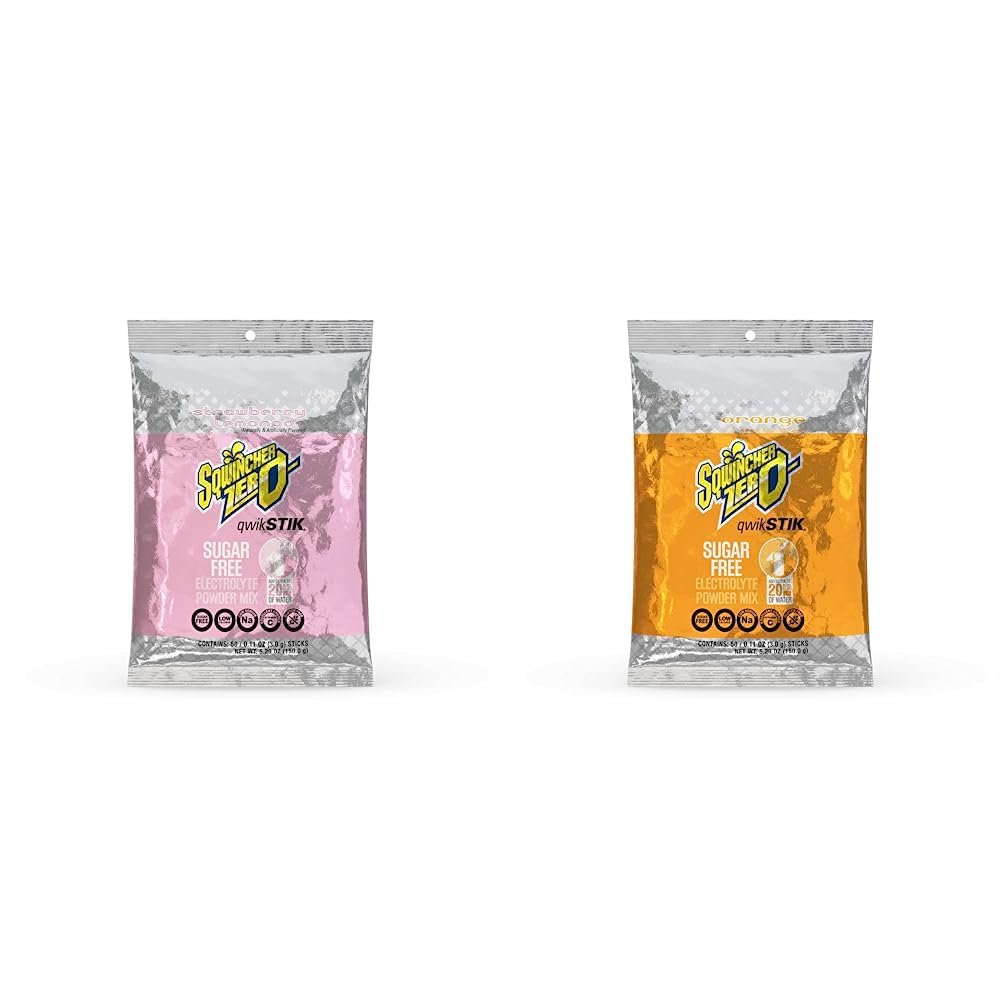 Sqwincher Zero Qwik Stik Sugar Free, Strawberry Lemonade & Orange Flavor, .11 oz (Pack of 50)