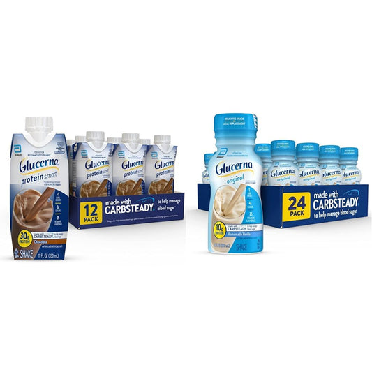 Glucerna Diabetic Nutrition Shakes Bundle - Chocolate Protein 30g 150 Cal, 12 Ct & Homemade Vanilla 10g 180 Cal, 24 Ct