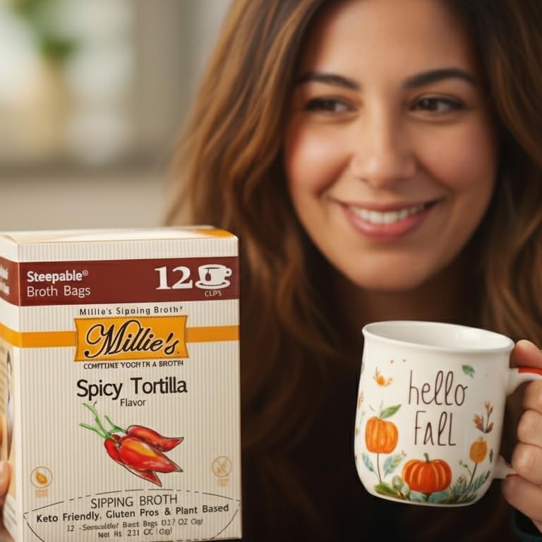 MILLIE'S SPICY TORTILLA SIPPING BROTH| Vegetable Broth with Savory Seasonings for Snack Urges | Vegan, Keto, Gluten Free, Intermittent Fasting, and natural | (6 Pack - 72 Broth Bags Total)