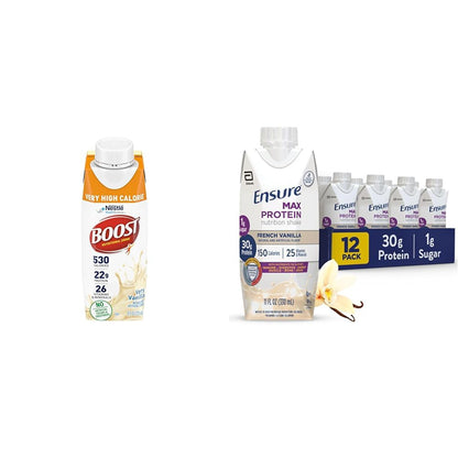 Boost Very High Calorie Vanilla Nutritional Drink 530 Calorie (Pack of 24) & Ensure Max Protein Nutrition Shake 30g Protein (Pack of 12) Bundle