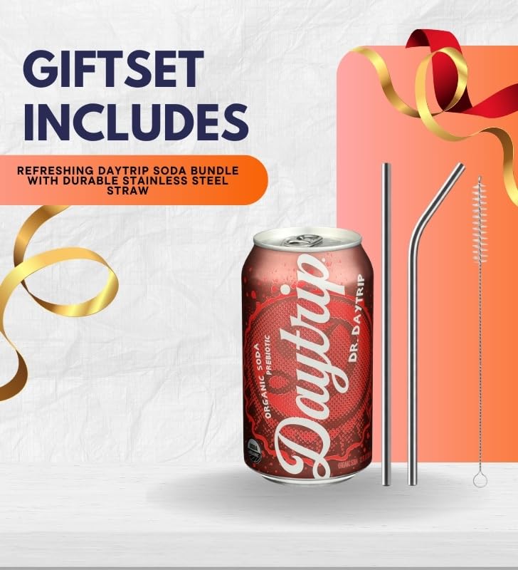 Organic Sparkling Prebiotic Soda - 12x Bundle with Reusable Drinking Straws — Lightly Carbonated Beverage with Organic Cane Sugar, & Elderberry Juice for Refreshing Taste — Gift Set (2 Items)