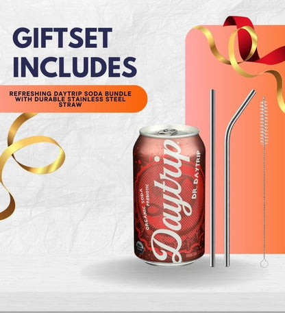 Organic Sparkling Prebiotic Soda - 12x Bundle with Reusable Drinking Straws — Lightly Carbonated Beverage with Organic Cane Sugar, & Elderberry Juice for Refreshing Taste — Gift Set (2 Items)