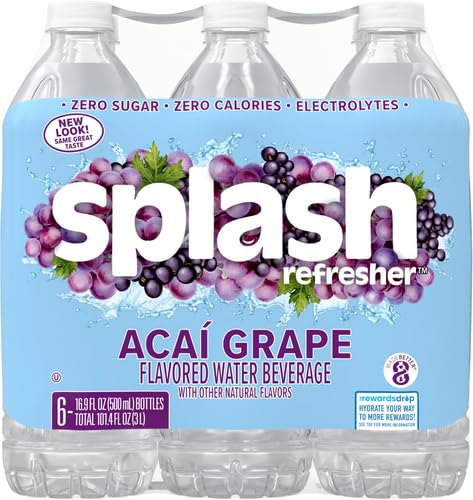 Splash Refresher Acai Grape Flavored Water, 16.9 Fl Oz, Plastic Bottle Pack of 18