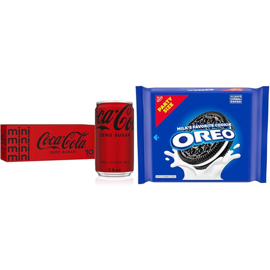 Coca-Cola Coke Zero Sugar Diet Mini Soda Soft Drinks 7.5 fl oz 10 Pack and OREO Sandwich Cookies Party Size, Snack Bundle