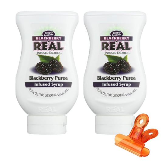 Blackberry Real Infused Exotics Syrup – 16.9 fl oz Bottle – Drinks and Desserts – Puree Fruit and Blackberries with Food Bag Clips – Pack of 2